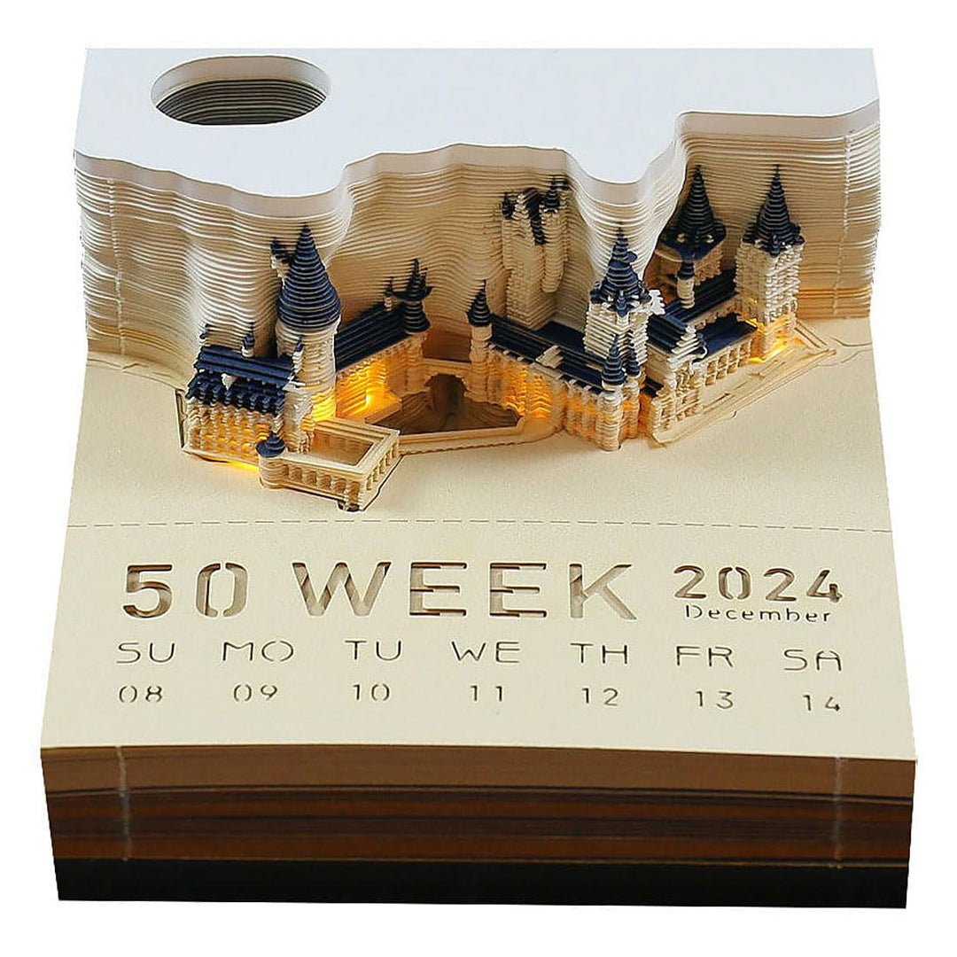 3D-Notizblock, 2024 Tischkalender-Notizblock, 3D-Magic Castle-Wochenkalender mit Licht und Stifthalt