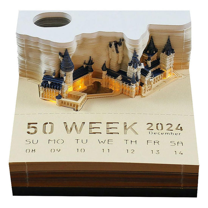 3D-Notizblock, 2024 Tischkalender-Notizblock, 3D-Magic Castle-Wochenkalender mit Licht und Stifthalt