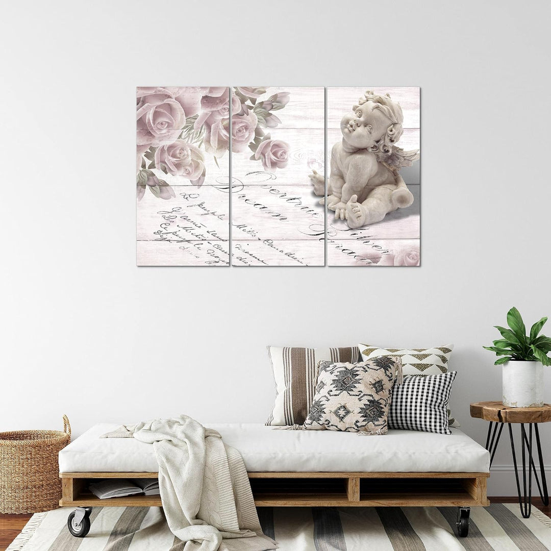 Runa Art Wandbilder Engel Blumen Bild XXL Wohnzimmer Schlafzimmer Grau Rosen Holz 120 x 80 cm 3 Teil