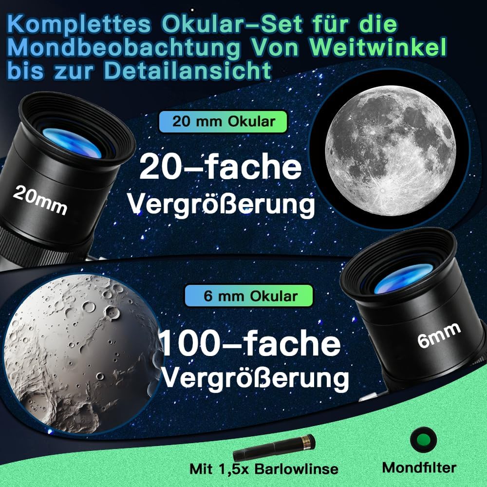 Teleskop für Kinder 50mm 100x Vergrösserung Anfänger Silber Telescopio mit Stativ, 2 Okularen, Suche