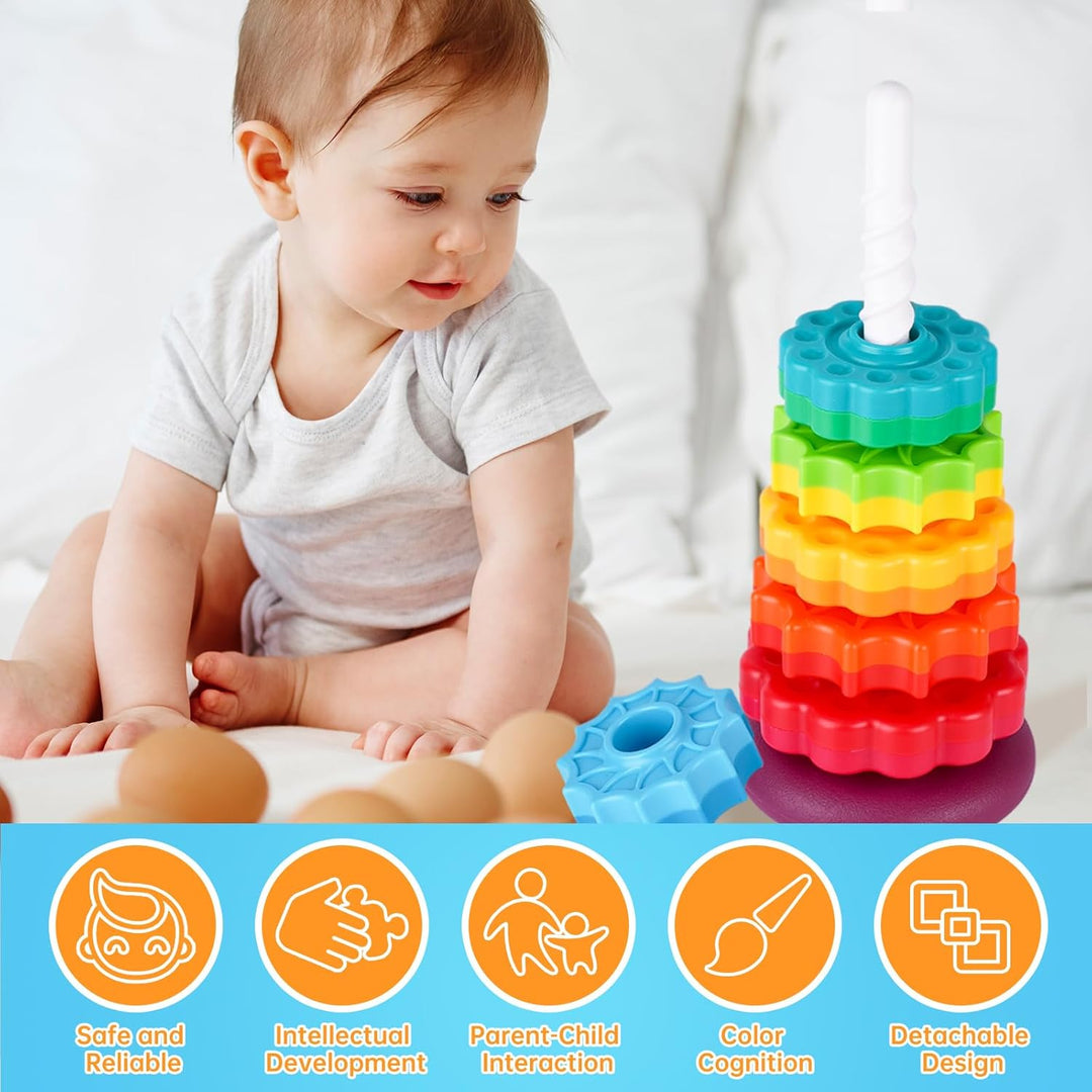 41cm Stapelturm mit Drehfunktion, Regenbogen-Stapelringe Spielzeug für Kinder, Zweifarbige drehende