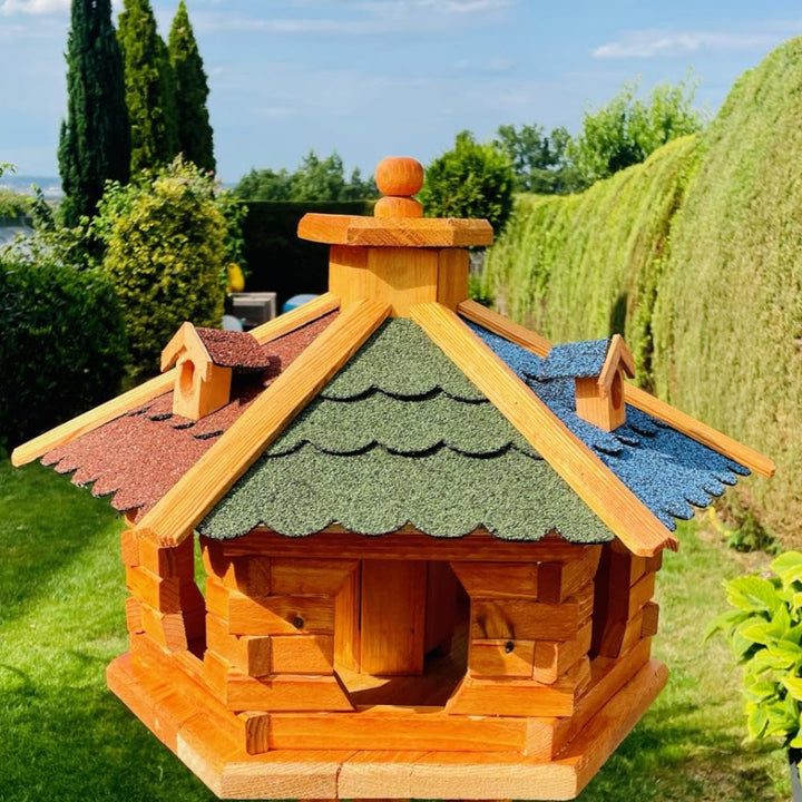 handgefertigtes Sechseck Vogelhaus aus Holz wetterfest M - XL mit und ohne Ständer, Futterhaus, Futt