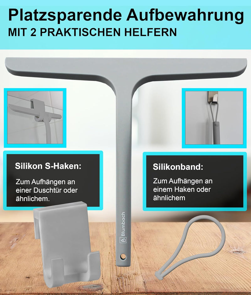 BLUMBACH® Duschkabinenabzieher grau, Duschabzieher mit Halterung 28 cm breit, Silikon Abzieher mit E