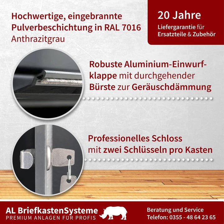 AL Briefkastensysteme 3er Briefkastenanlage mit Klingel Anthrazit Grau RAL 7016, Premium Briefkasten
