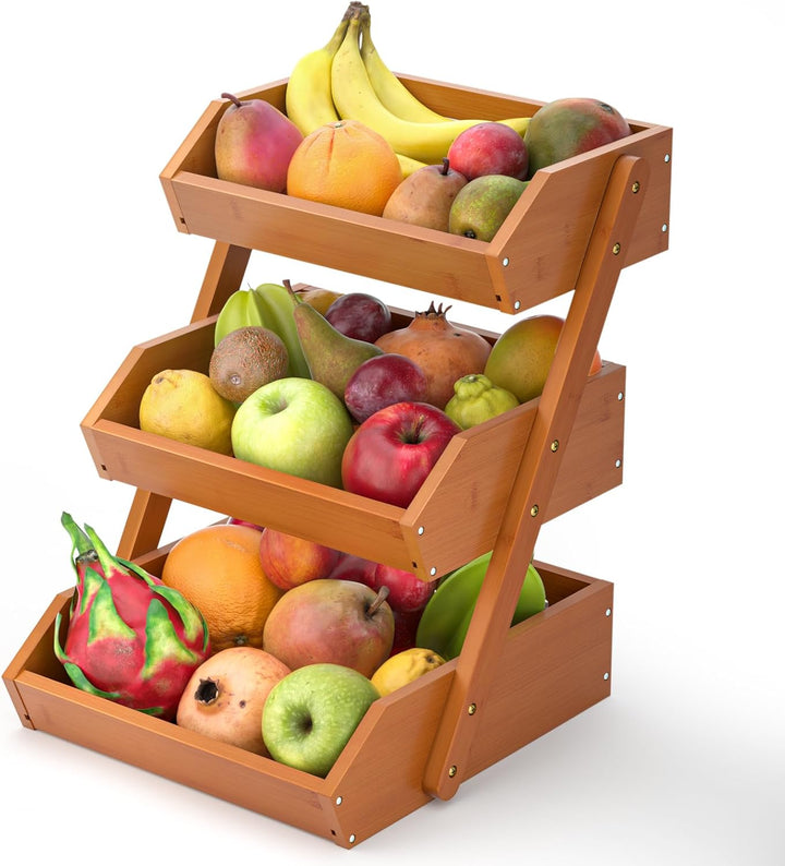 Obstkorb Bambus, 3-stufiger Obst und Gemüse Aufbewahrung Obstschale, Perfekt für Küchenarbeitsplatte