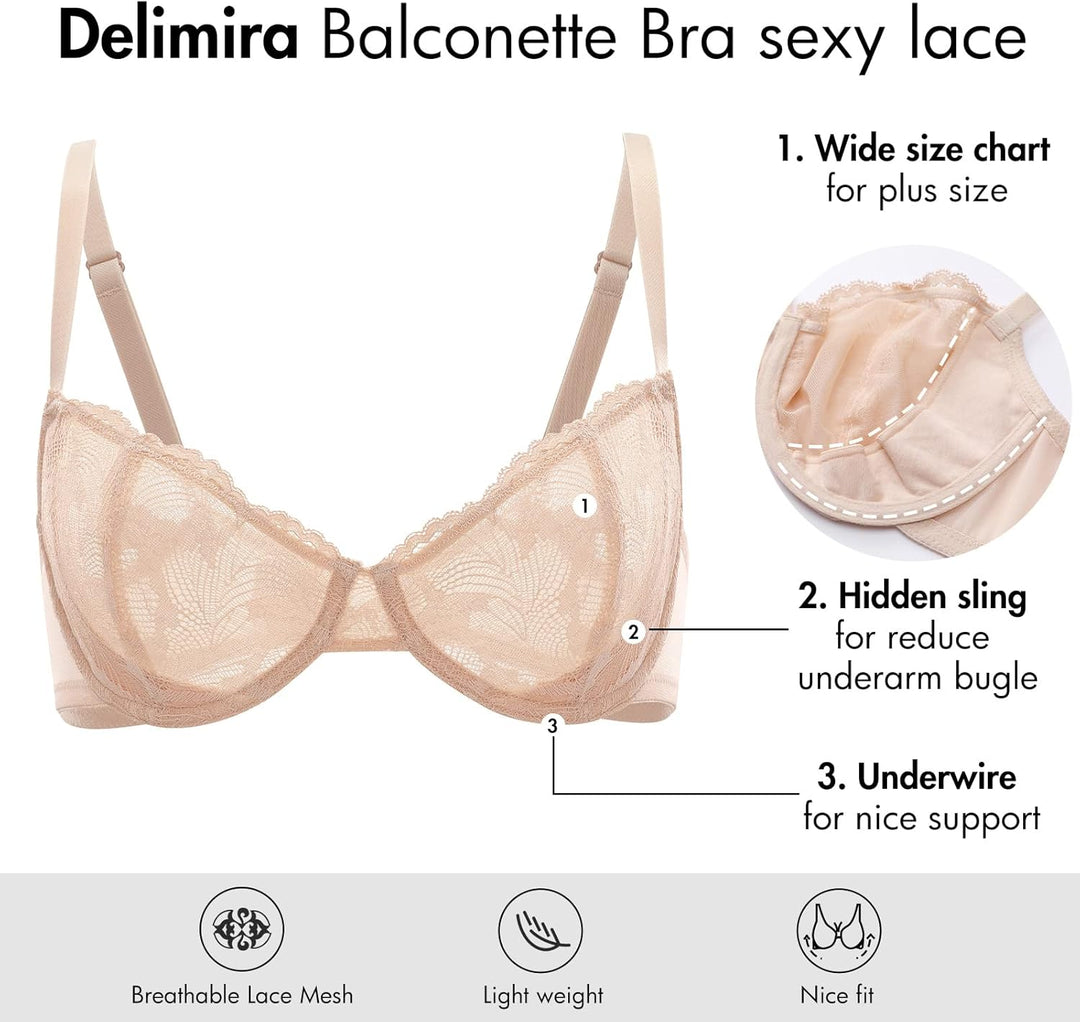 DELIMIRA Damen BH Grosse Grössen Durchschauen Sexy mit Spitze Balkonett Bügel ohne Polster 95C Weiss