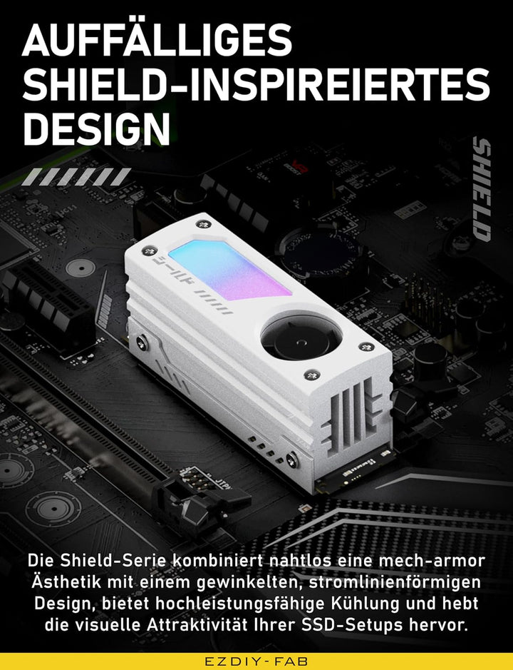 EZDIY-FAB Shield ARGB M.2 SSD-Kühler mit 20mm PWM-Lüfter, Premium-Aluminium-Design, 5V 3-Pin ARGB Sy