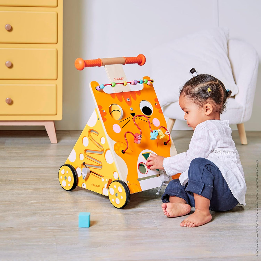 Janod Baby Lauflernhilfe ‘Katze’ - Holzspielzeug, Laufwagen für Draussen - Baby Walker mit Bremse un