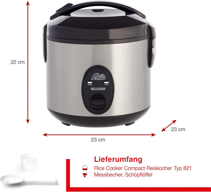Solis Rice Cooker Compact 821 - Reiskocher Klein - Weisser/brauner Reis - Warmhaltefunktion - 4 Tass