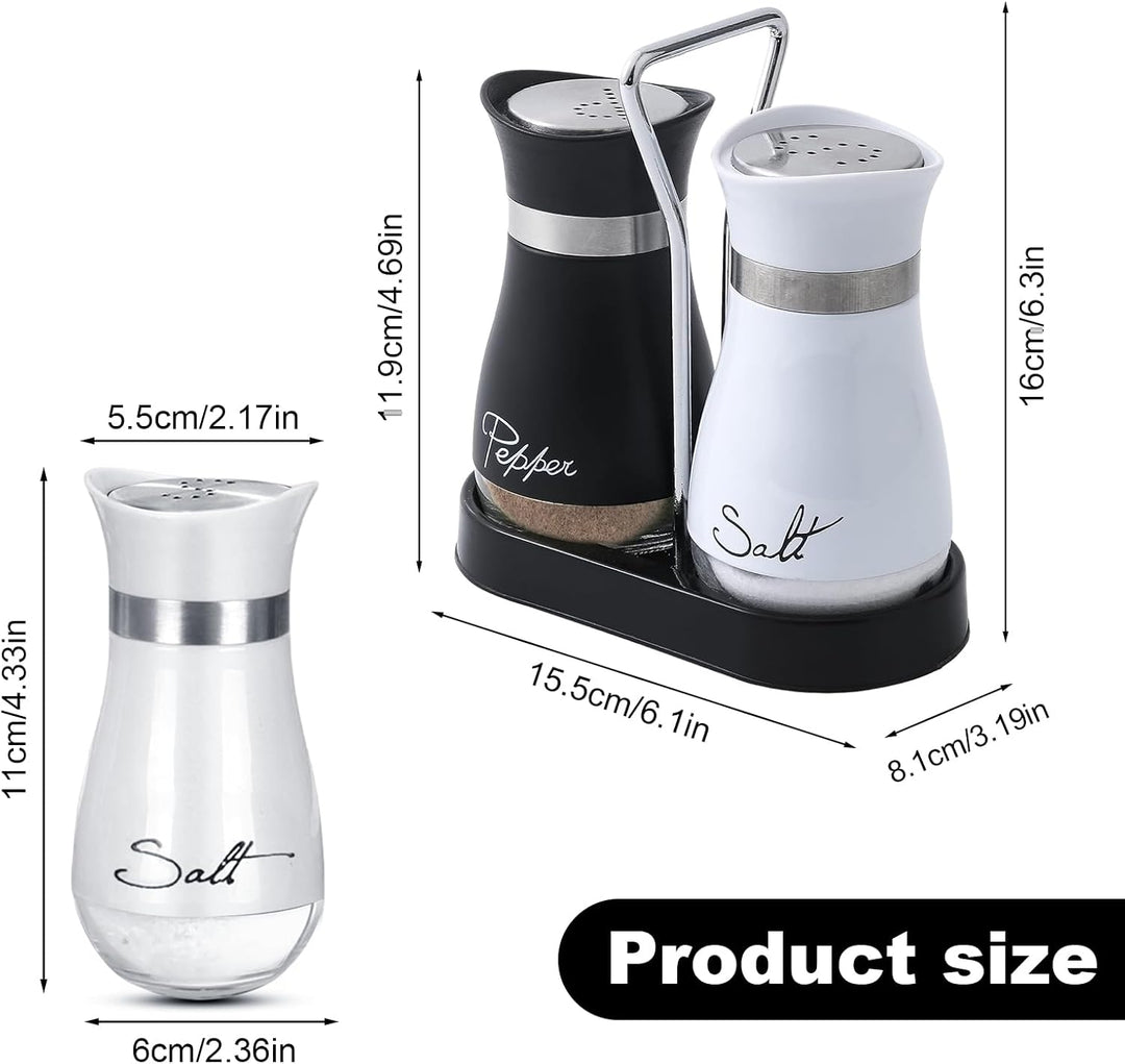 Salz & Pfefferstreuer Set aus Glas und Edelstahl (120 ml) - Schwarz-Weiss Design mit Halterung - Gew