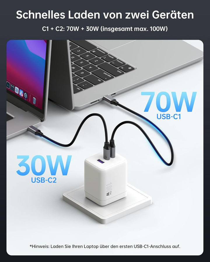 NOVOO 100W USB C Ladegerät GaN Ⅲ 3-Port USB C Netzteil Schnellladegerät PD MacBook Charger mit Ladek