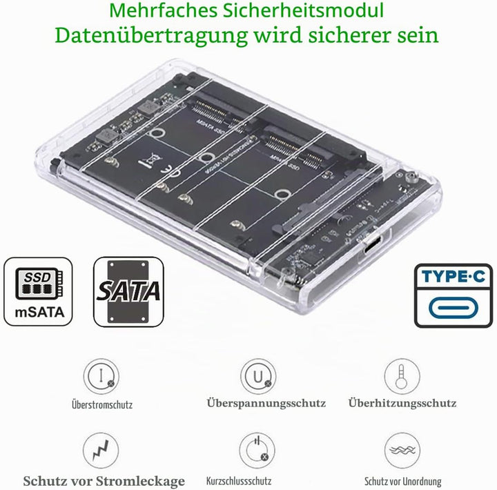 NFHK Dual MSATA Mini-SATA SSD Karte JOBD Raid0 Span-Bridge auf USB 3.0 Type-C USB-C 2,5 Zoll SATA Co