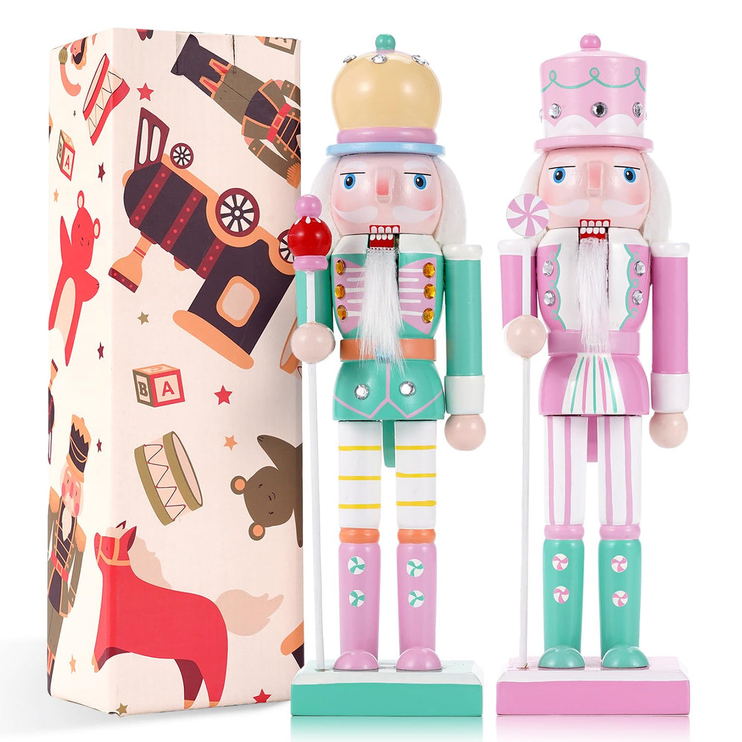 VorFor 2-Piece Set Nussknacker Figur,25CM Nussknacker Weihnachten Decoration,Solid Wood Crafts Deko