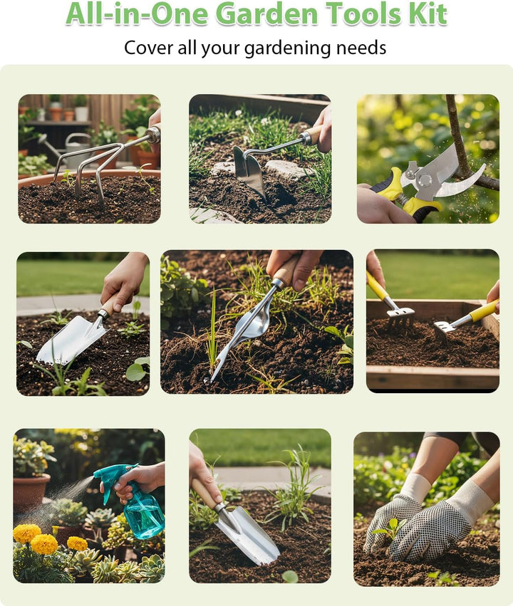 MOSFiATA Gartenwerkzeug Set 12-teilig Schwerlast Edelstahl Gartenarbeit Kit mit antischlipsigen Holz