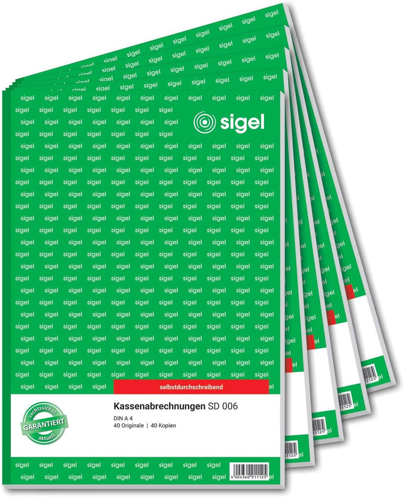 SIGEL SD006/5 Kassenabrechnungen A4, 2x40 Blatt, selbstdurchschreibend, 5er Pack 5 Stück, 5 Stück