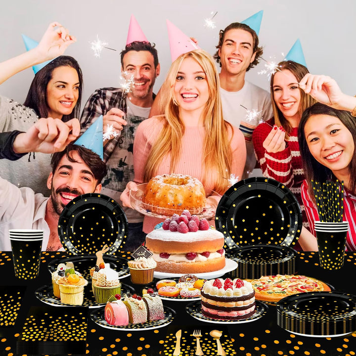 Party Geschirr Schwarz Gold,193pcs Schwarzgoldenes Geburtstag Party Geschirr Set-Pappteller Schwarz