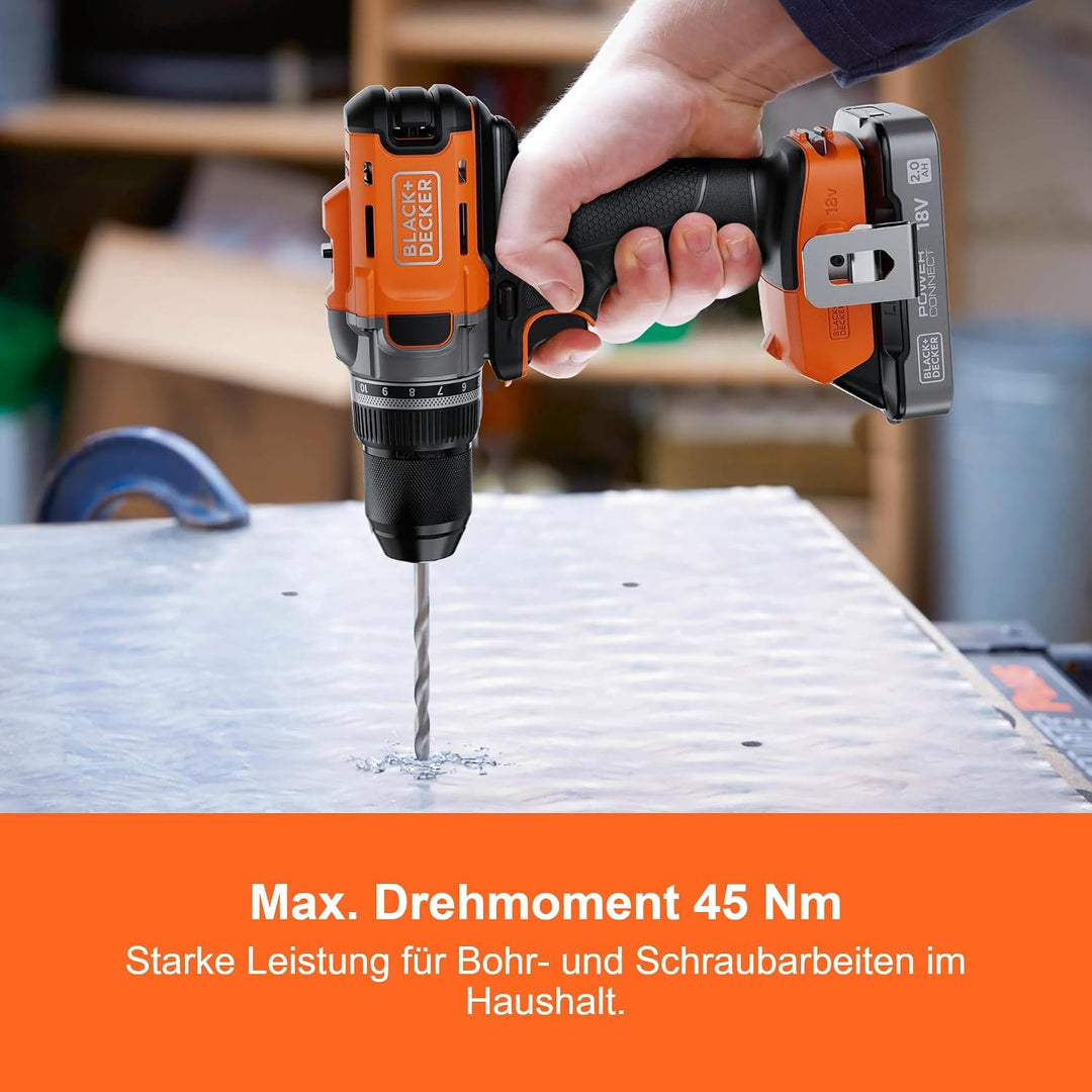 BLACK+DECKER POWERCONNECT 18V Akku-Bohrschrauber mit 2 x 2,0-Ah-Akkus, 1-A-Ladegerät und Kitbox, BCD