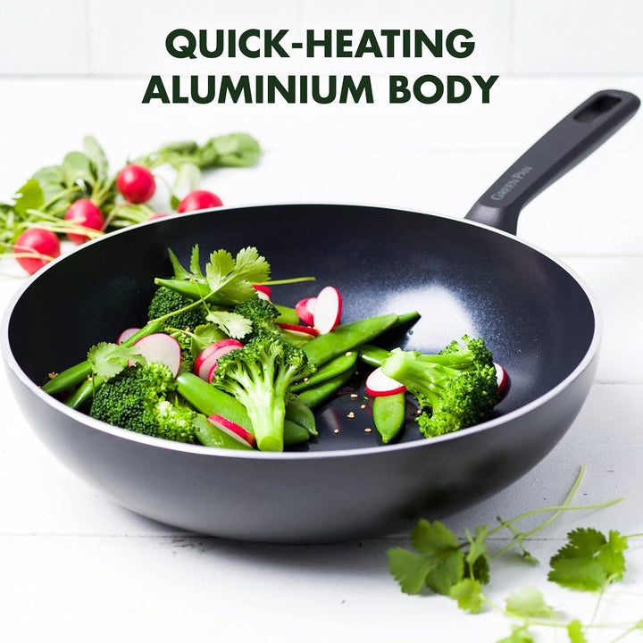 GreenPan Memphis Wok mit Antihaftbeschichtung, 30cm/3.6 Liter, PFAS-frei, Schwarz Wok, Wok, 28 cm