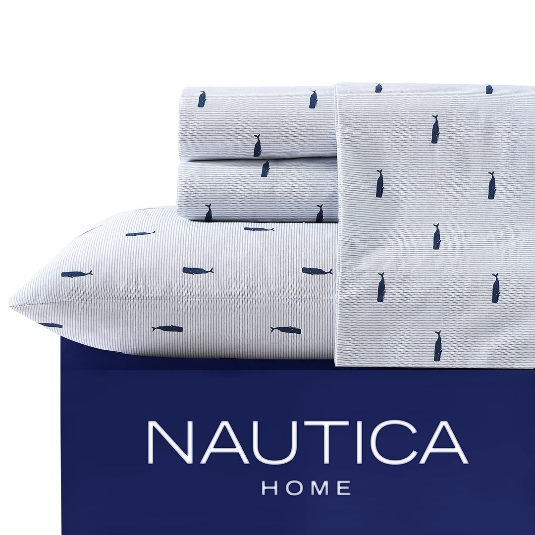 Nautica Bettwäsche-Set für Doppelbett, Baumwoll-Perkal-Bettwäsche-Set, Küstendekoration (Wal gestrei