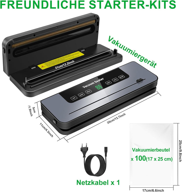 Vakuumiergerät, 7 in 1 Vakuumierer mit 100 Vakuumierbeutel, Vakuumiergerät Profi mit Cutter und Digi