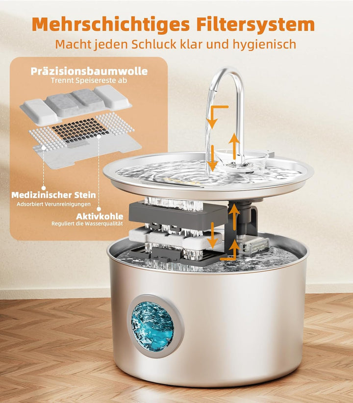 UPAWPIA 3.2L Katzenbrunnen Edelstahl mit 8 Filtern Trinkbrunnen für Katze Katzenbrunnen für Katzen m