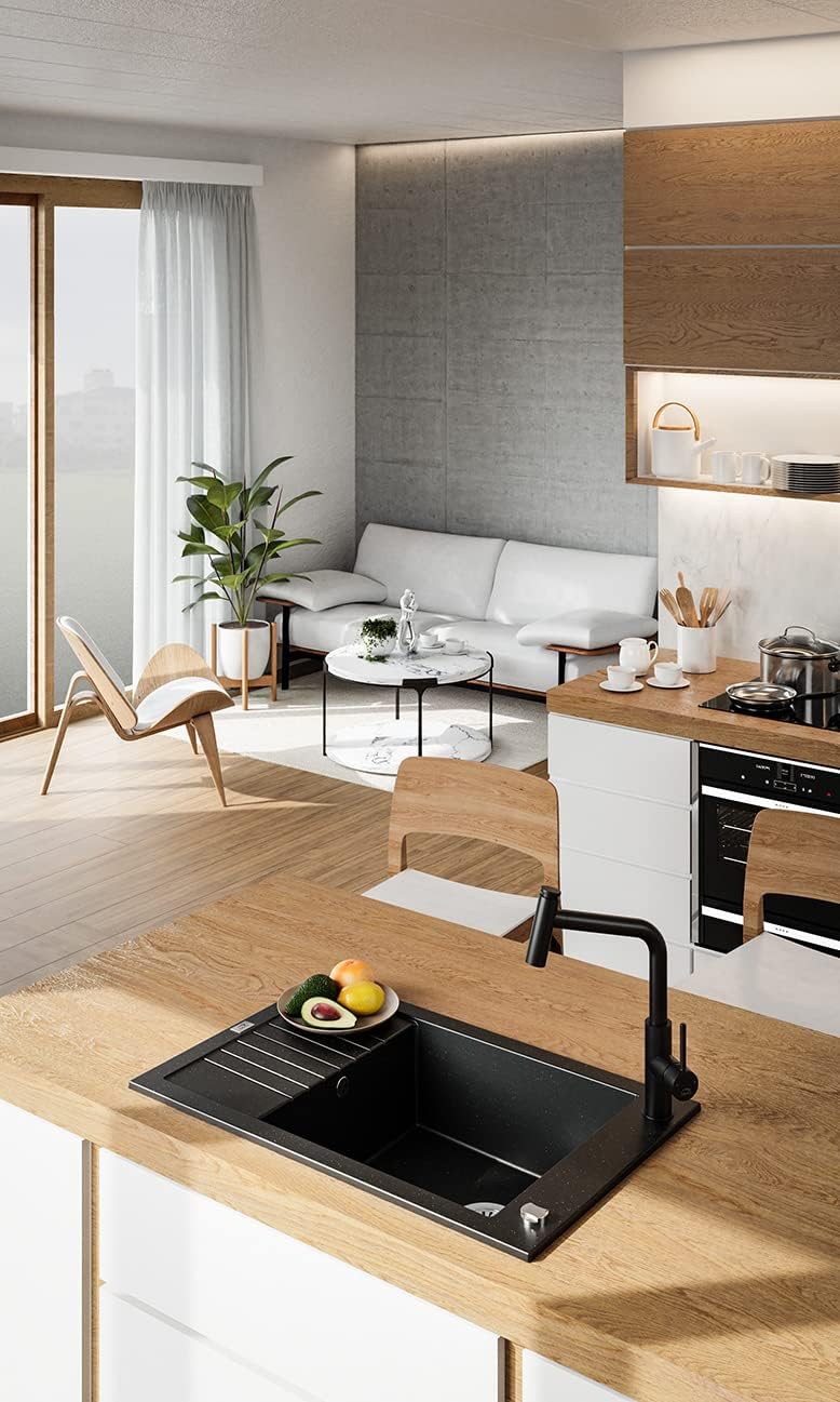 VBChome Spülbecken mit Armatur 78 x 50 cm Schwarz Granit Einzelbecken Einbauspüle gesprenkelt revers