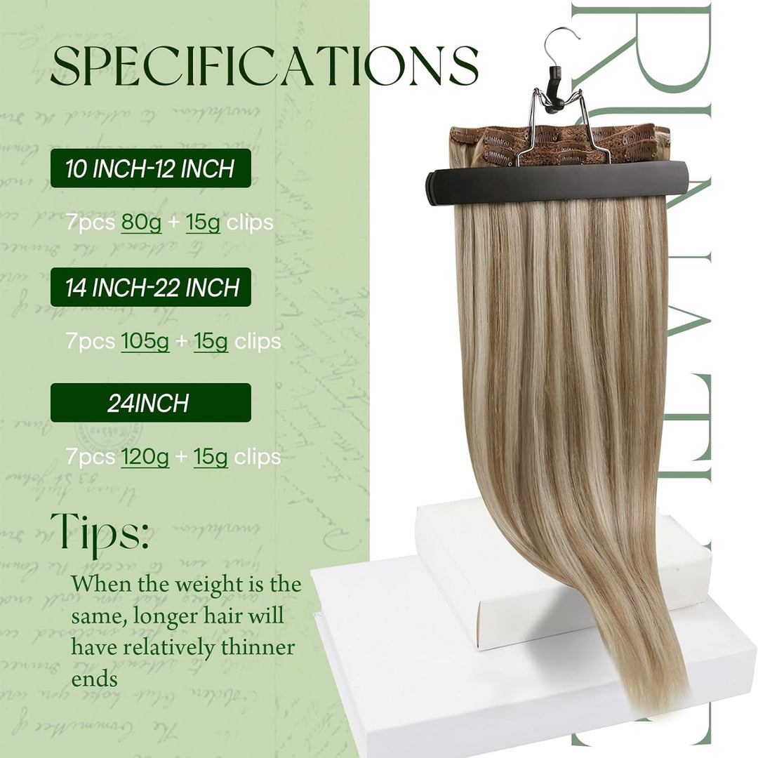 RUNATURE Echthaar Extensions Clip in Aschbraun mit Platinblond Menschliches Haarextensions Clip Seid