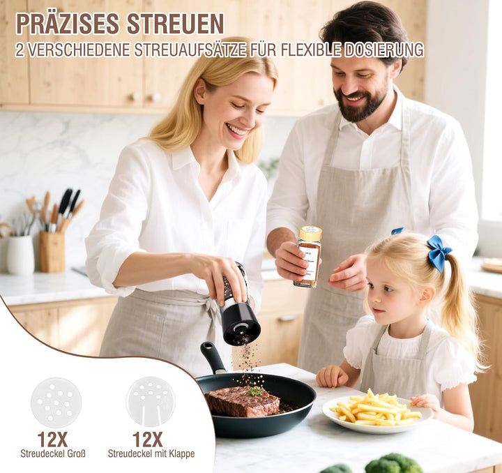 Homewit Gewürzgläser eckig luftdicht 24er (120ml) mit Pfeffermühle Set