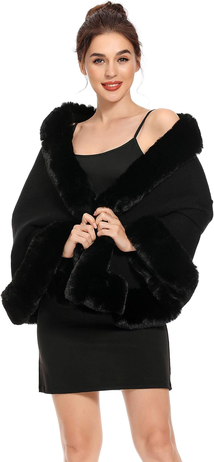 ZLYC Damen Winter Kunstpelz Poncho Cape Strick Schal Stola Warm Cardigan Schwarz, Schwarz