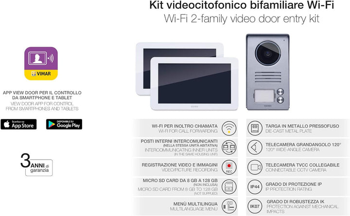 VIMAR K40956 Videosprechenalagen-Set 2 Familie enthält Freisprech-Touchscreen-Videohaustelefon LCD7i