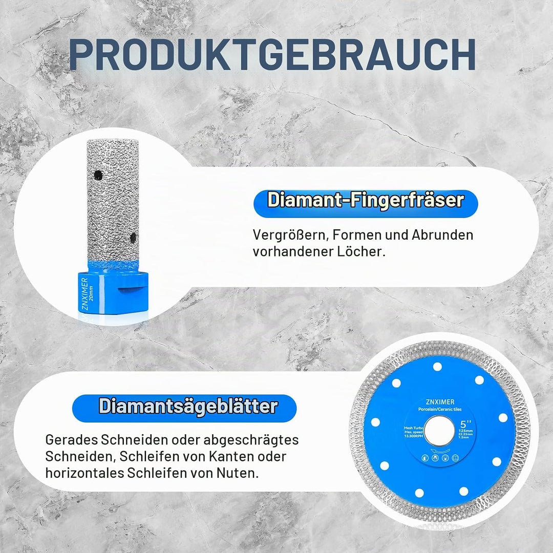 Diamant Fliesenbohrer Set - 11 Teilig 6/6/8/10/20/35/50/68mm Diamantbohrer mit Diamantscheibe 125mm