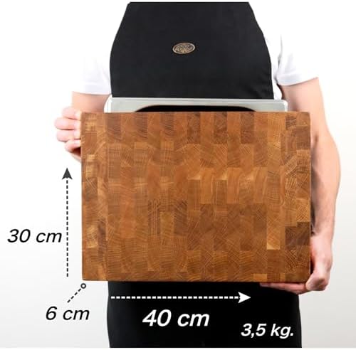 B4K® Profi-Küchenbrett-Set aus Eiche – Stirnholz Schneidebrett 40×30×6 cm mit Auffangschale + Hackbl