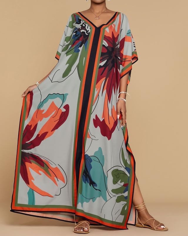 Bsubseach Damen Kaftan Kleider Batwing Sleeve Strandkleid V-Ausschnitt Caftan Maxi Kleid Sommer Blau