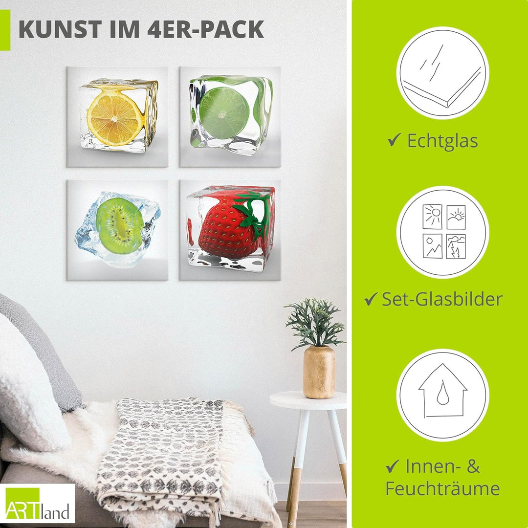 ARTland Glasbilder Wandbild Glas Bild Set 4 teilig je 20x20 cm Quadratisch Früchte im Eiswürfel Obst