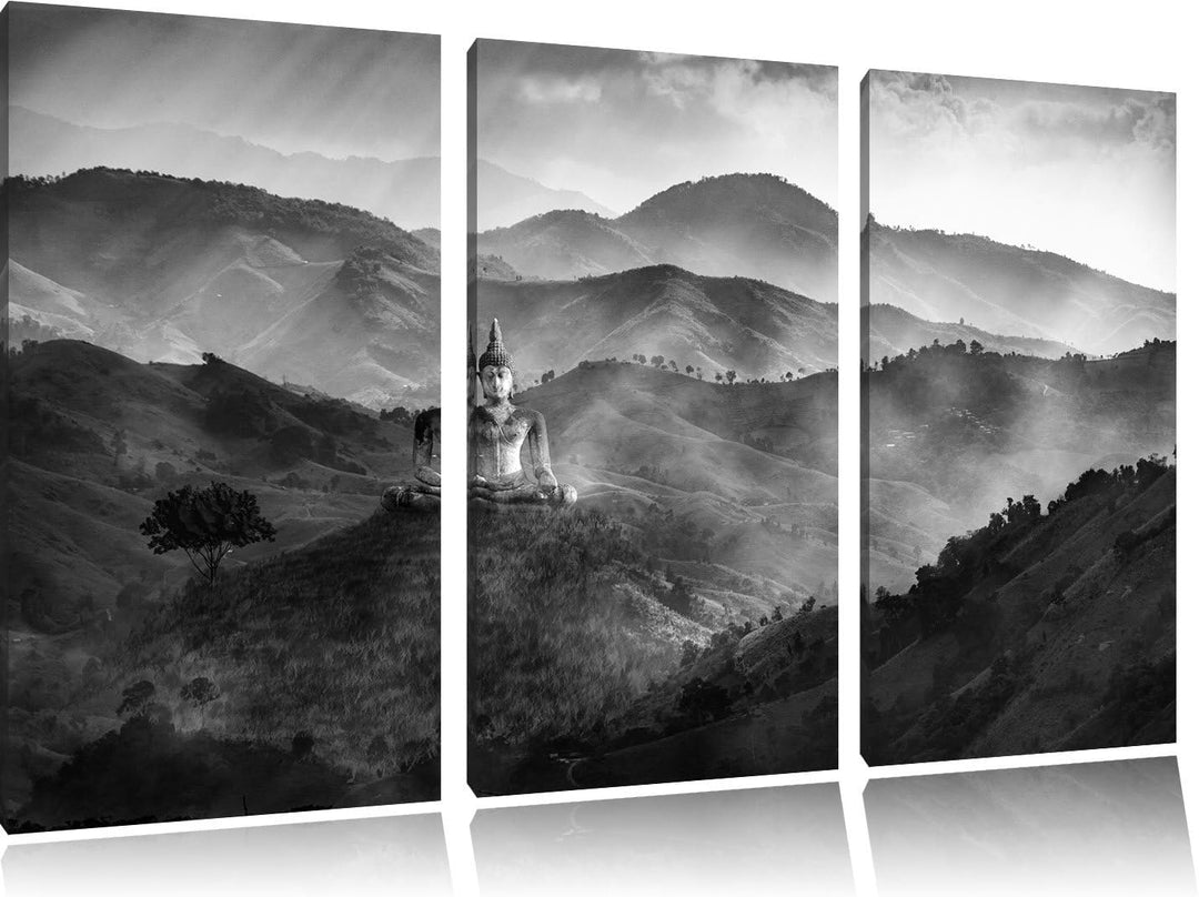 Pixxprint Buddha Bild im Tal der Dunkelheit Kunst B&W 3-Teiler Leinwandbild 120x80 Bild auf Leinwand