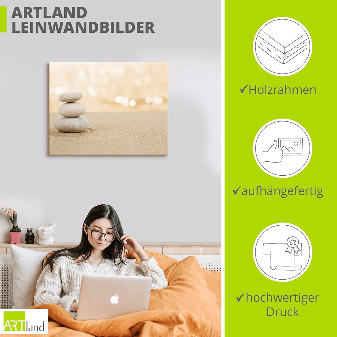 ARTland Leinwandbilder Wandbild Bild Leinwand 70x50 cm Asien Zen Wellness Spa Wasser Sand Steine R2P