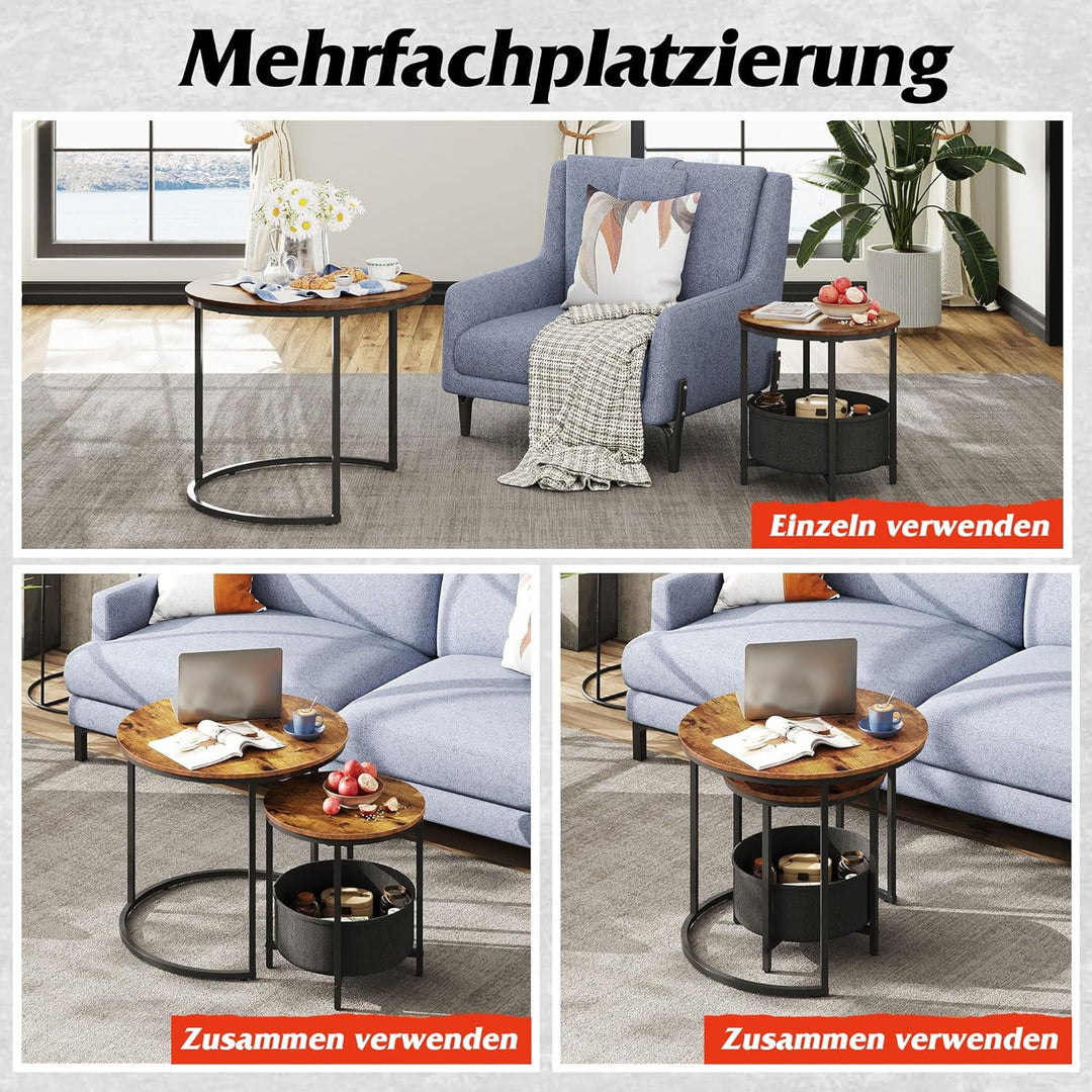 WLIVE Couchtisch 2er Set, Beistelltisch Rund mit Stauraum, Wohnzimmertisch Holz mit Metallrahmen, So