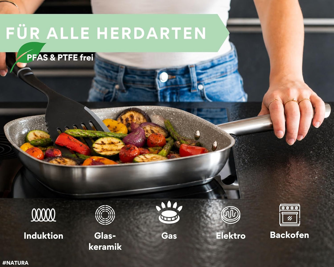 DIVORY Grillpfanne gerillt Induktion 28 x 28cm, Steakpfanne beschichtet aus Edelstahl mit Keramikbes