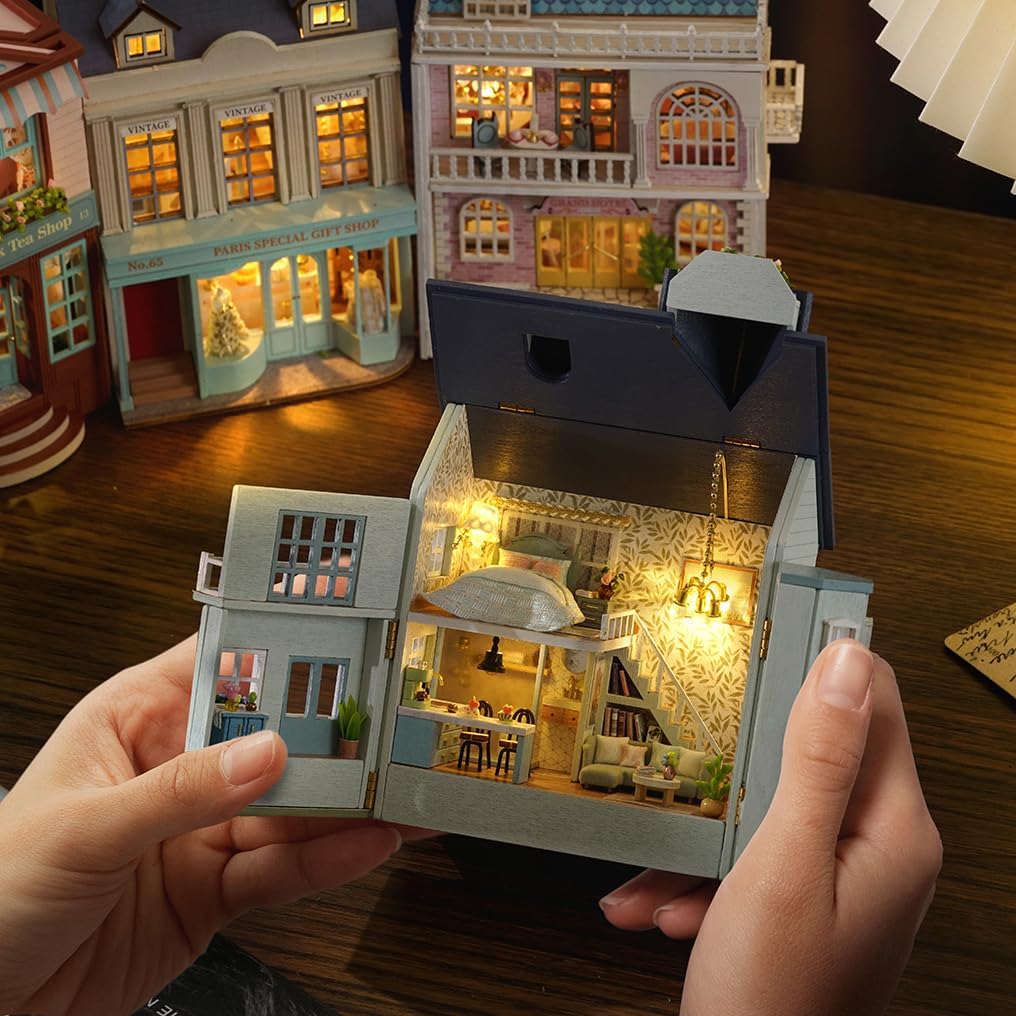 CUTEROOM Miniatur Haus, DIY Puppenhaus Set aus Holz, Mini Hausbau-Set mit Möbeln und LED Licht, Gebu