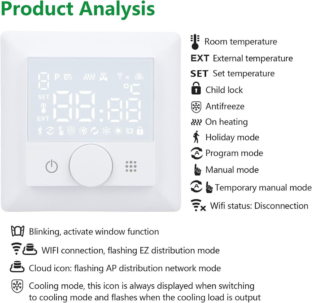 Wengart WLAN-Heizthermostat WG510,Drehen zum Einstellen der Temperatur, Heiz- und Kältemodi einstell