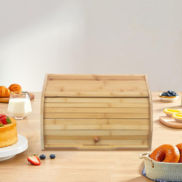 Bambus Brotkasten, Mit Rollo Deckel Aus Naturholz Handgefertigt In Holzfarbe Für Aufbewahrung Von Br