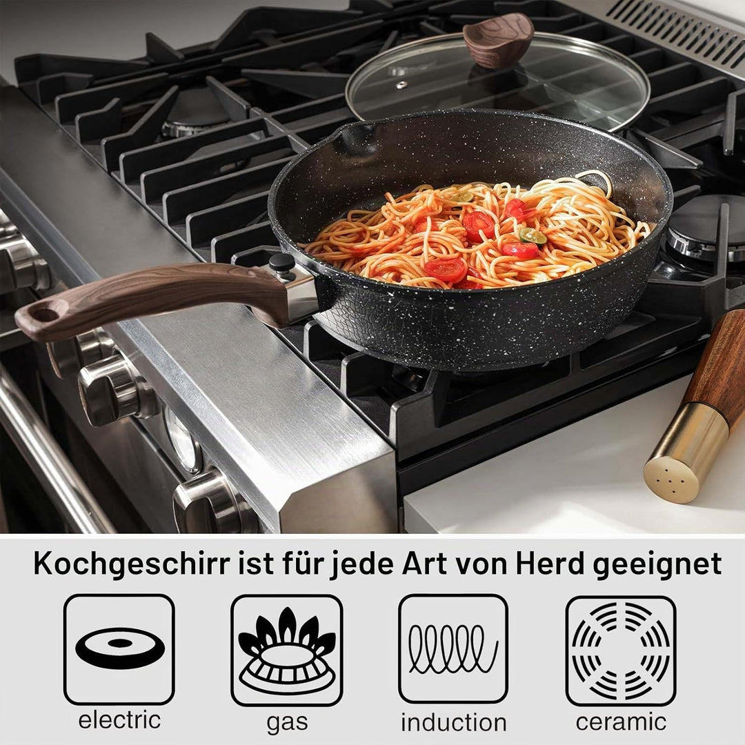 Kordisen Antihaft-Bratpfanne mit Deckel, 28 cm Induktion Sautepfanne mit Abnehmbarem Holzgriff, Gran