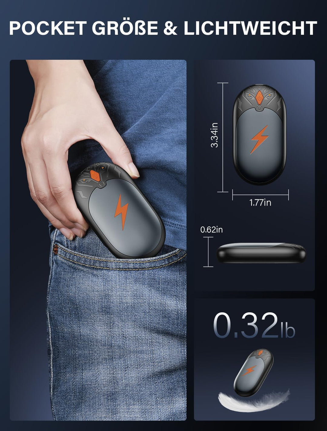 Handwärmer Elektrisch 2 Pack, Ultraleicht Taschenwärmer Wiederaufladbar, Tragbare Heizung 8000mAh, 3