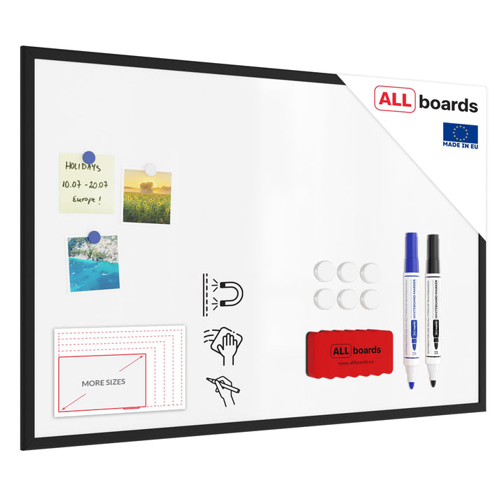 ALLboards Whiteboard mit schwarzem Rahmen 90x60cm Magnettafel Weiss Magnetisch, Trocken Abwischbar