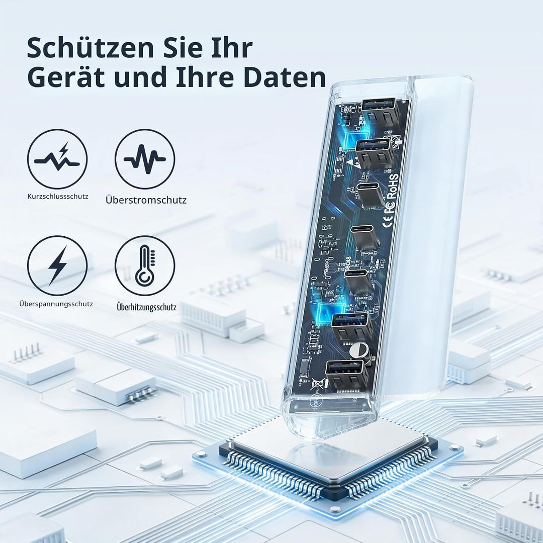 7 Port USB C Hub mit Netzteil, USB 3.2 Gen 2, 10Gbit/s Schneller Datenhub, Vollaluminium-Verlängerun