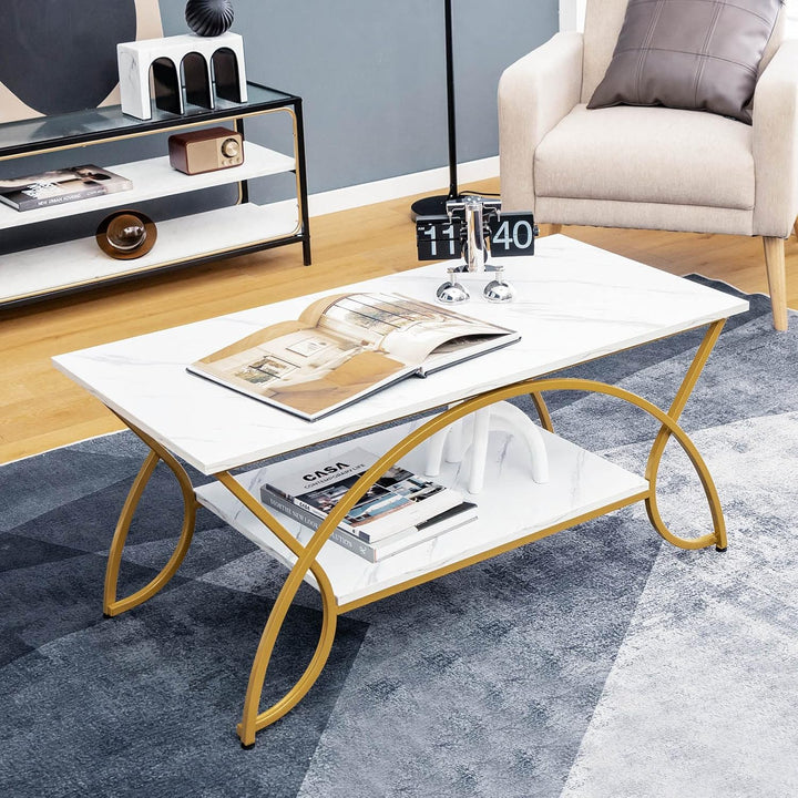 COSTWAY Couchtisch Marmor Optik, Kaffeetisch mit Ablage und Metallgestell, Wohnzimmertisch, Beistell