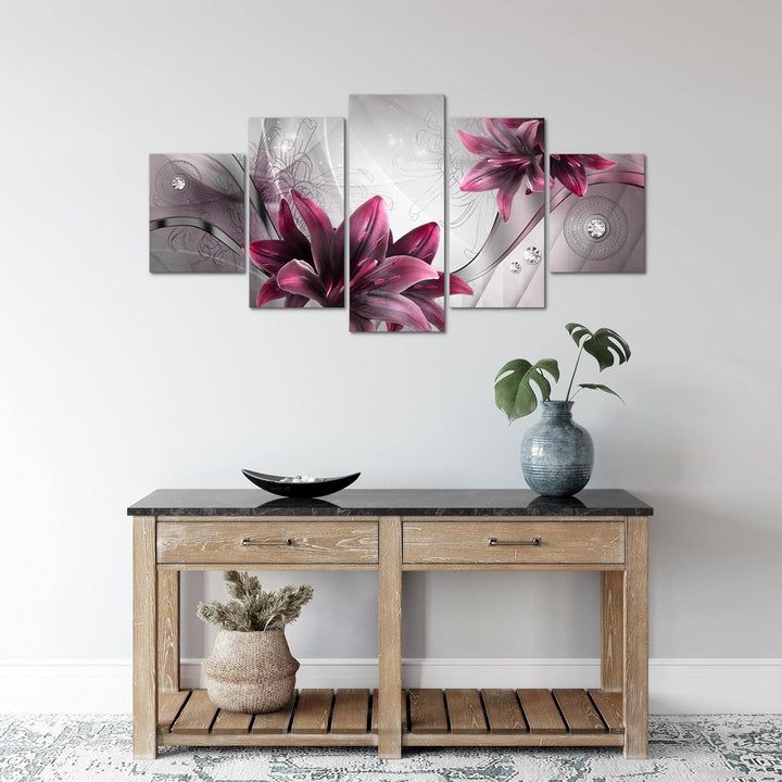 Runa Art Wandbilder Blumen Lilien 5 Teilig Bild auf Vlies Leinwand Deko Wohnzimmer Abstrakt Grau Rot