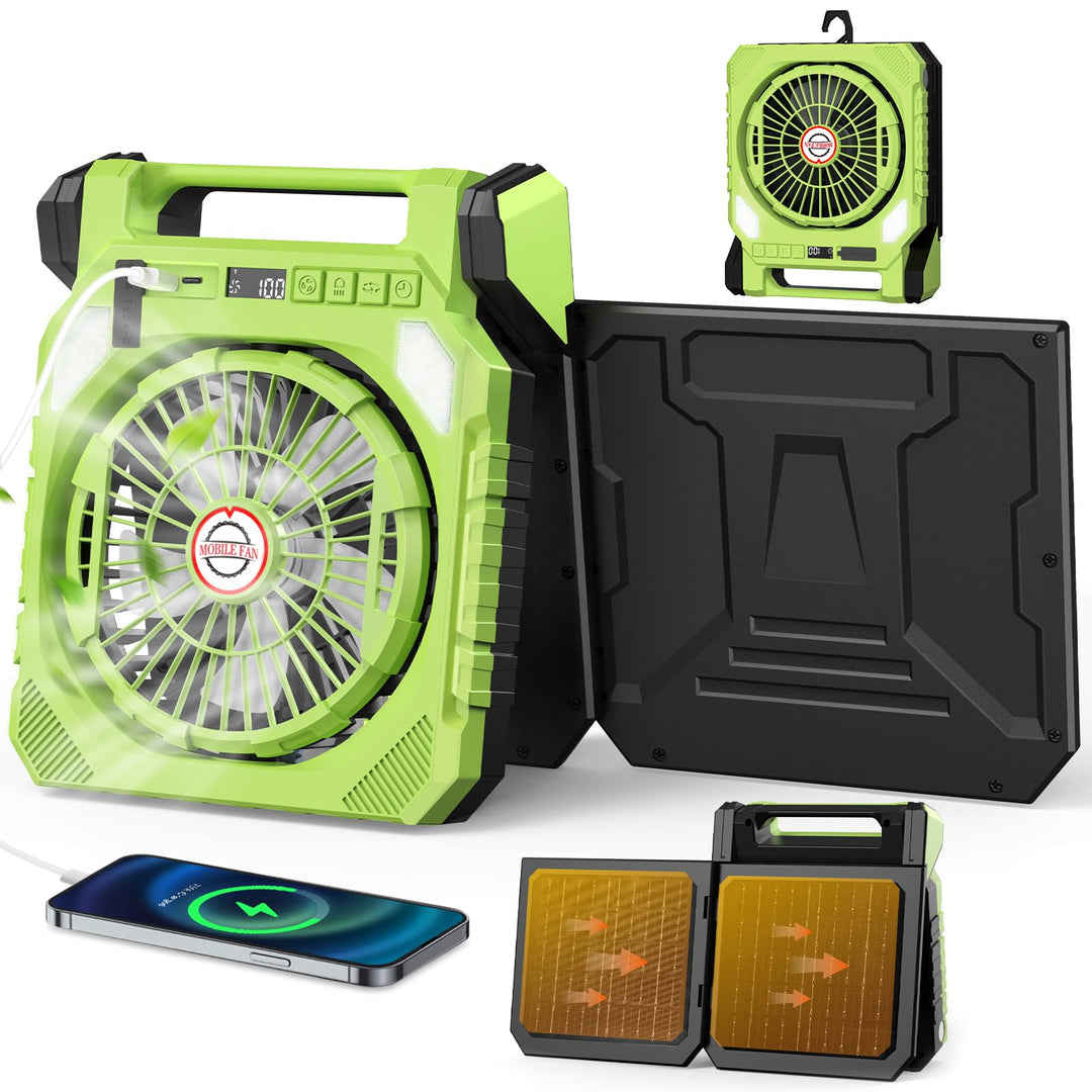 Solar Ventilator,Camping Ventilator Akku 20000mAh mit 2 Solarpaneelen,LED-Licht, Schüttelkopf, Digit