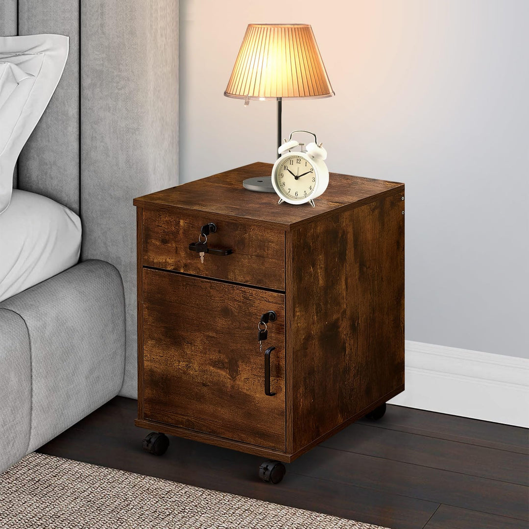 CLIPOP Rollcontainer Abschliessbare Aktenschrank Holz mit Schublade und Geschlossenem Speicher,Mobil