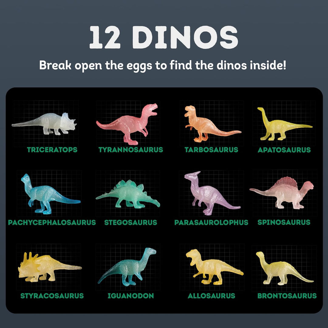 Gamerside Dino Eier zum Ausgraben – 12 Leuchtende Dino-Eier mit Lernkarten – Dino Ausgrabungsset für